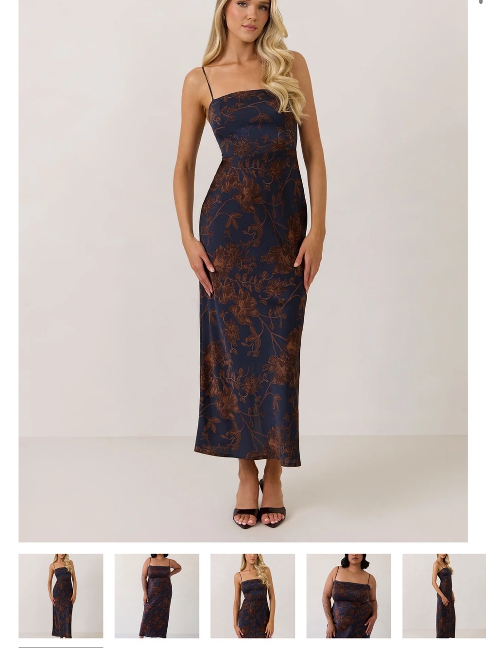 Navy Floral Slip Maxi Dress with Brown Print